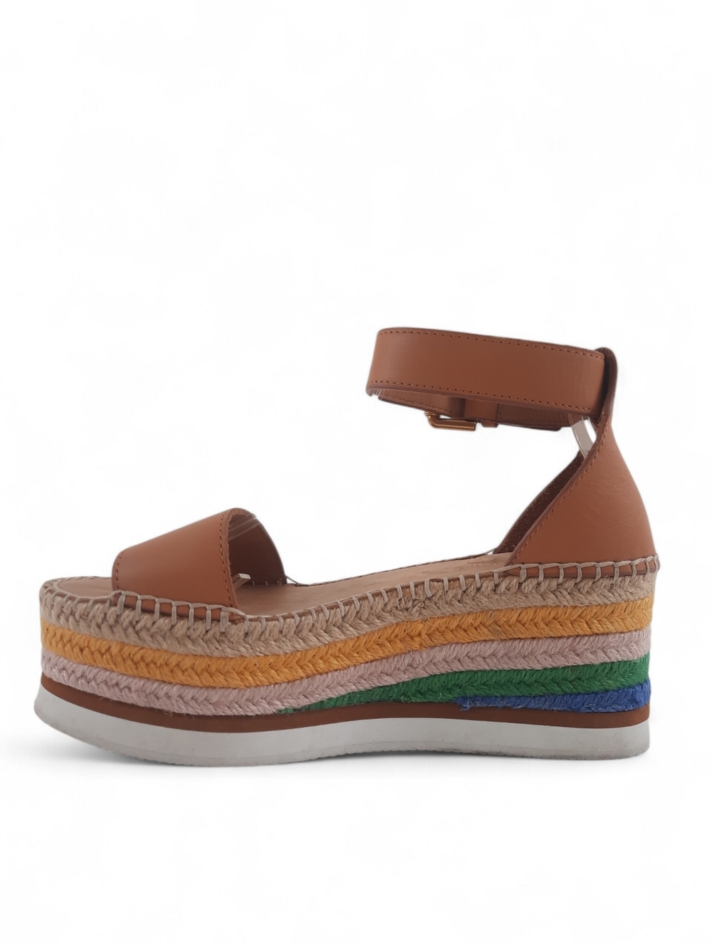 SEE BY CHLOE Rainbow Sandal Leather Jute Platform Espadrille Wedge Logo Tan 37 7 - Picture 3 of 8